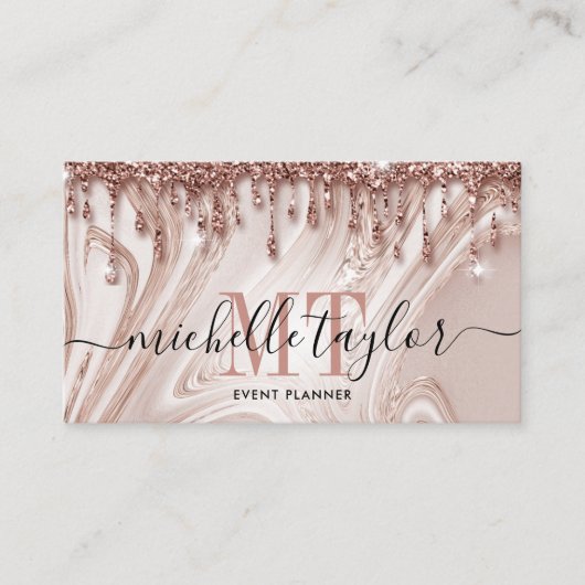 Monogram goudmarmer met minimalistisch roos visitekaartje (Voorkant)