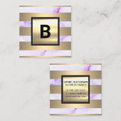 Monogram | Goudmetaalstrips | Paarse marmer Vierkante Visitekaartje (Voorkant / Achterkant)