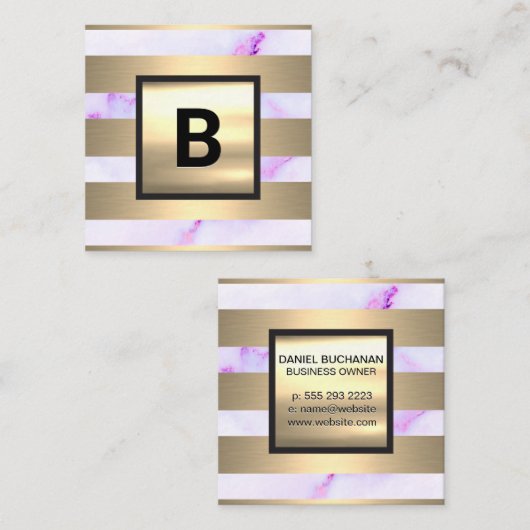 Monogram | Goudmetaalstrips | Paarse marmer Vierkante Visitekaartje (Voorkant / Achterkant)