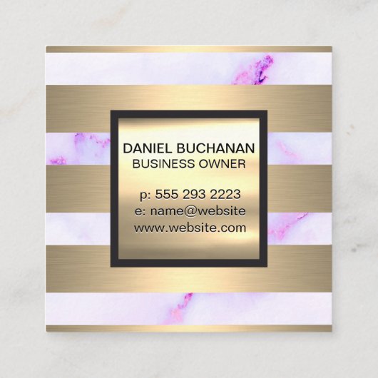 Monogram | Goudmetaalstrips | Paarse marmer Vierkante Visitekaartje (Achterkant)