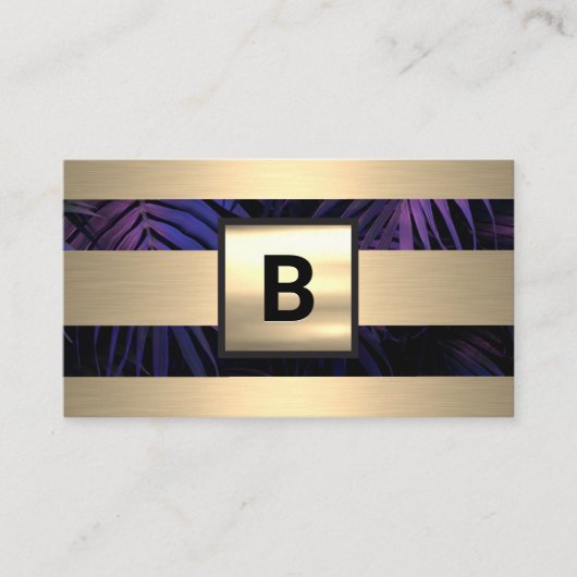 Monogram | Goudmetaalstrips | Paarse palmbladeren Visitekaartje (Voorkant)