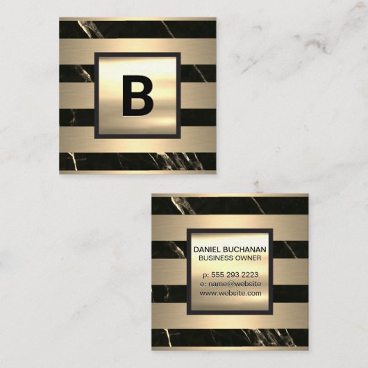 Monogram | Goudmetaalstrips | Zwarte goudmarmer Vierkante Visitekaartje (Voorkant / Achterkant)
