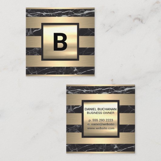 Monogram | Goudmetaalstrips | Zwarte marmer Vierkante Visitekaartje (Voorkant / Achterkant)