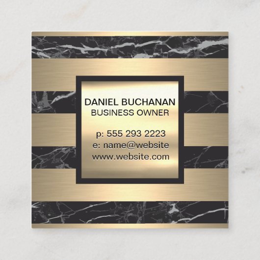 Monogram | Goudmetaalstrips | Zwarte marmer Vierkante Visitekaartje (Achterkant)