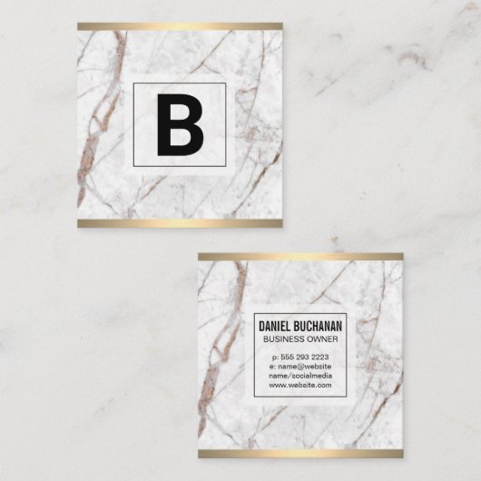 Monogram | goudmetaaltrim | wit graniet vierkante visitekaartje (Voorkant / Achterkant)