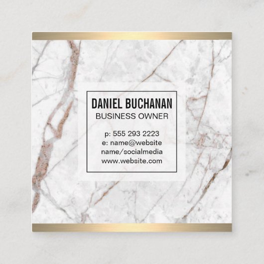 Monogram | goudmetaaltrim | wit graniet vierkante visitekaartje (Achterkant)