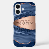 Monogram goudnaam Blauwe marmer roos Case-Mate iPhone Case (Achterkant)