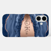 Monogram goudnaam Blauwe marmer roos Case-Mate iPhone Case (Achterkant (horizontaal))
