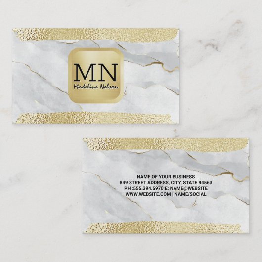Monogram | Goudolie geborsteld | Witte marmer Visitekaartje (Voorkant / Achterkant)