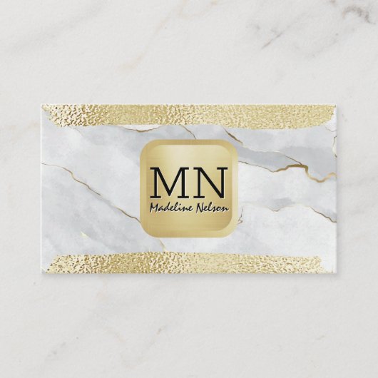 Monogram | Goudolie geborsteld | Witte marmer Visitekaartje (Voorkant)