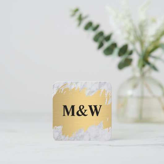 Monogram goudpenseel en marmer vierkante visitekaartje (Staand voorkant)