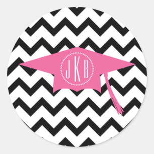 Monogram Graduatie Cap Roze + Zwart Chevron Ronde Sticker