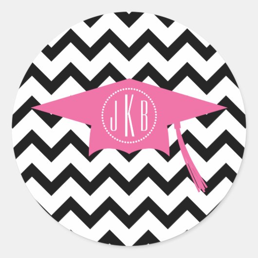 Monogram Graduatie Cap Roze + Zwart Chevron Ronde Sticker (Voorkant)
