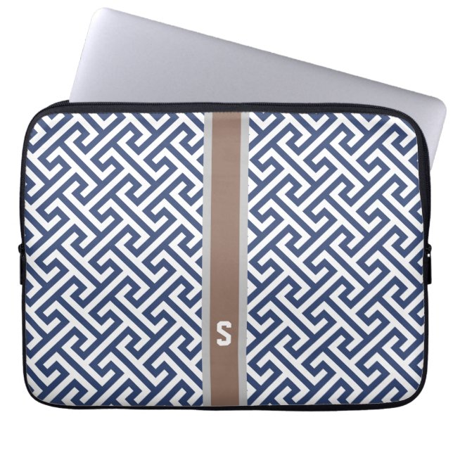 Monogram grafische blauwe grijze belangrijke geome laptop sleeve (Voorkant)