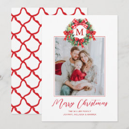Monogram Grandmillennial Kerst Krans Lint Feestdagenkaart