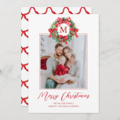 Monogram Grandmillennial Kerstkrans Bogen Feestdagenkaart (Voorkant / Achterkant)