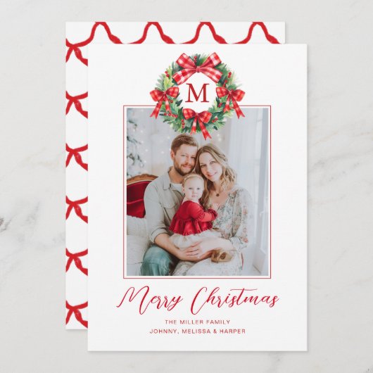 Monogram Grandmillennial Kerstkrans Bogen Feestdagenkaart (Voorkant / Achterkant)