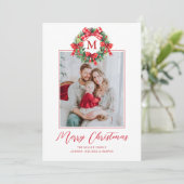 Monogram Grandmillennial Kerstkrans Bogen Feestdagenkaart (Staand voorkant)