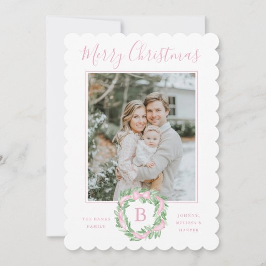 Monogram Grandmillennial Kerstkrans Bogen Feestdagenkaart (Voorkant)