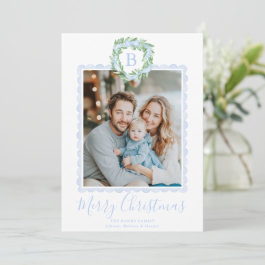 Monogram Grandmillennial Kerstkrans Lint Feestdagenkaart (Staand voorkant)