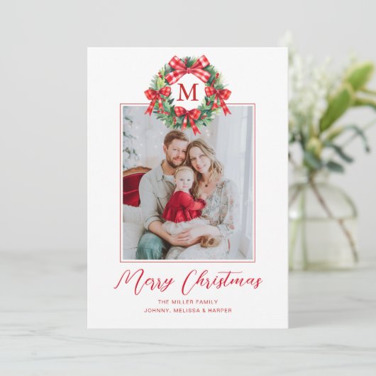 Monogram Grandmillennial Kerstkranslinten Feestdagenkaart (Staand voorkant)