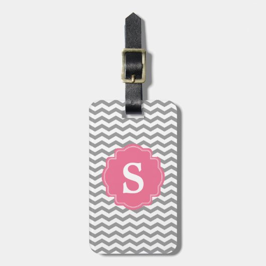 Monogram Gray Chevron Zigzag & Roze Bagagelabel (Voorkant verticaal)