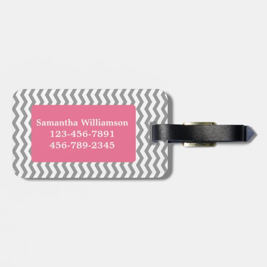 Monogram Gray Chevron Zigzag & Roze Bagagelabel (Achterkant horizontaal)