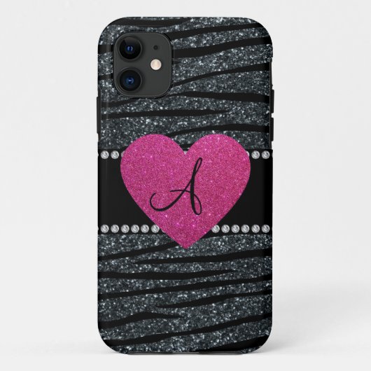 Monogram Gray glitter zebra strepen roze hart Case-Mate iPhone Case (Achterkant)