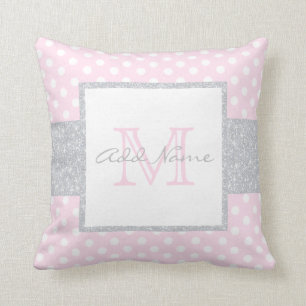 Monogram Gray Pink Polka Dot Baby Girl Pillow Kussen