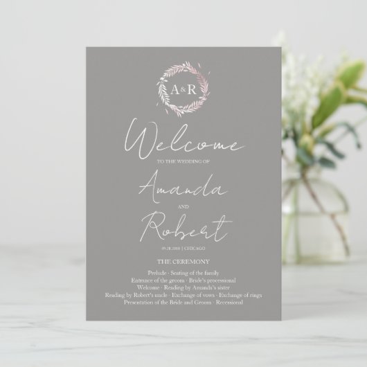 Monogram Gray Wedding Ceremony Program Kaart (Staand voorkant)