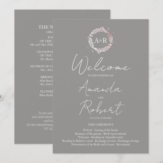 Monogram Gray Wedding Ceremony Program Kaart (Voorkant / Achterkant)