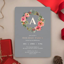 Monogram Gray Wreath Botanical Christmas Party  Folie Feestdagenkaart