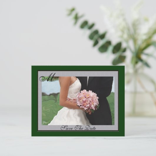 Monogram Green Artistic Save the Date Briefkaart (Staand voorkant)