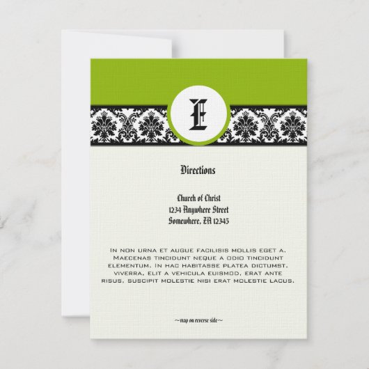 Monogram Green Black Damask Wedding Direction Kaar Kaart (Voorkant)