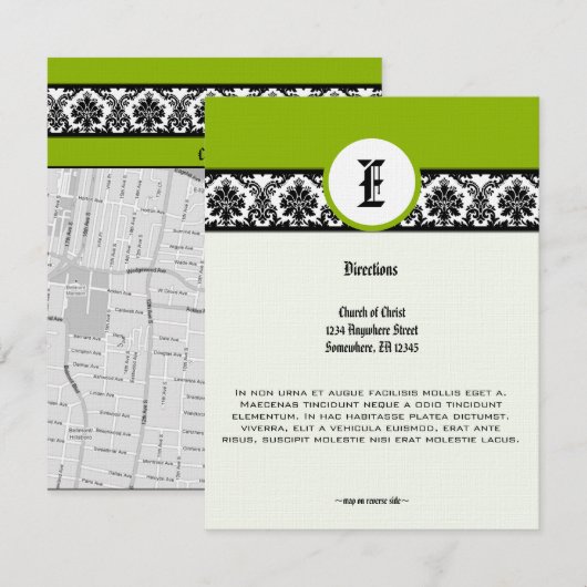 Monogram Green Black Damask Wedding Direction Kaar Kaart (Voorkant / Achterkant)