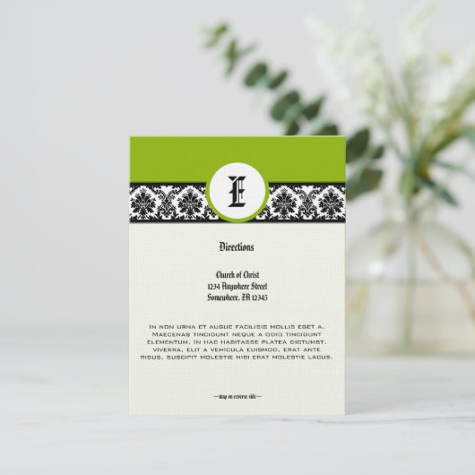 Monogram Green Black Damask Wedding Direction Kaar Kaart (Staand voorkant)