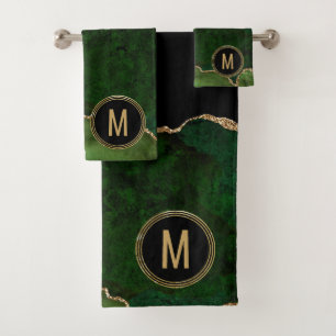 Monogram Green Black marmer Agate Gold Glitter Bad Handdoek