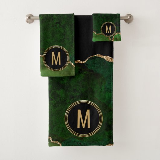 Monogram Green Black marmer Agate Gold Glitter Bad Handdoek (Insitu)
