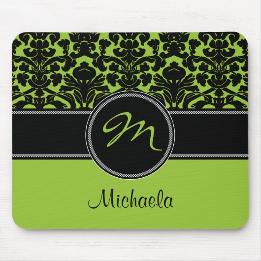Monogram Green Black White Damask Mousepad Muismat (Voorkant)