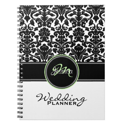 Monogram Green Black White Damask Wedding Planner Notitieboek (Voorkant)