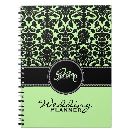 Monogram Green Black White Damask Wedding Planner Notitieboek (Voorkant)