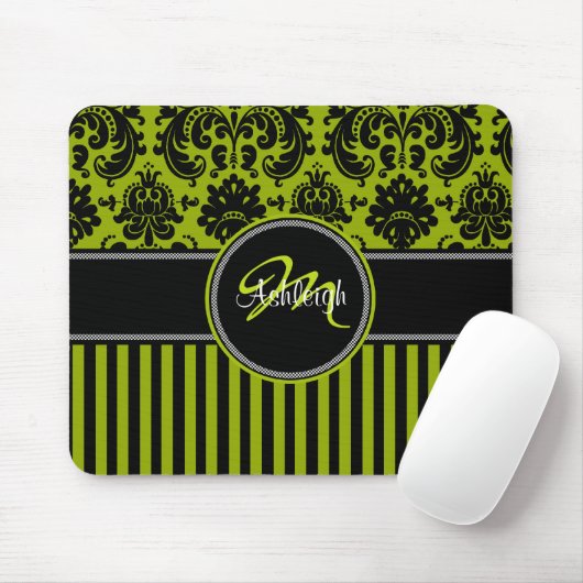 Monogram Green Black White Stripe Damask Mousepad Muismat (Met muis)