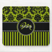 Monogram Green Black White Stripe Damask Mousepad Muismat (Voorkant)