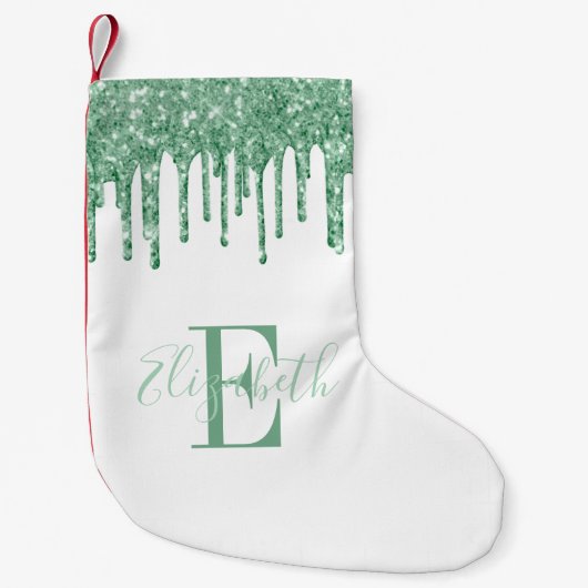 Monogram Green Faux Glitter Drift White Kleine Kerstsok (Voorkant)
