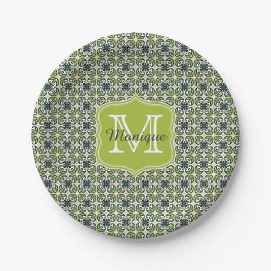 Monogram Green Flowers Patroon Papieren Bordje (Voorkant)