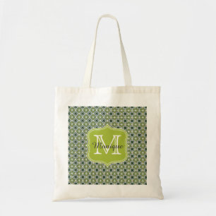 Monogram Green Flowers Patroon Tote Bag