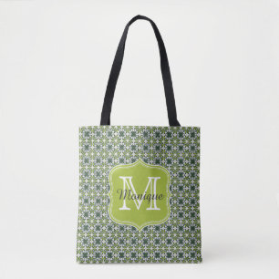 Monogram Green Flowers Patroon Tote Bag