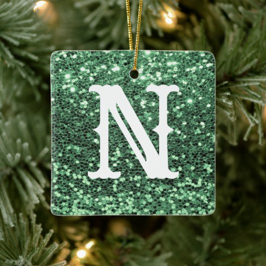 Monogram Green Glitter Metallic Kerstfeestdag Keramisch Ornament (Boom)