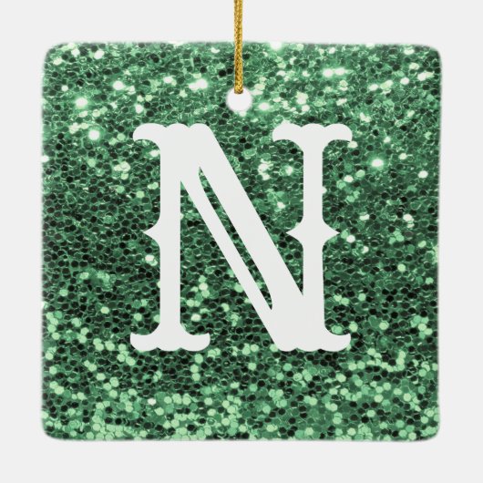 Monogram Green Glitter Metallic Kerstfeestdag Keramisch Ornament (Achterkant)