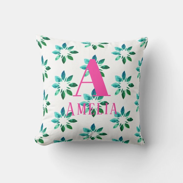 Monogram Green Hot Pink Retro Floral Waterverf Kussen (Voorkant)
